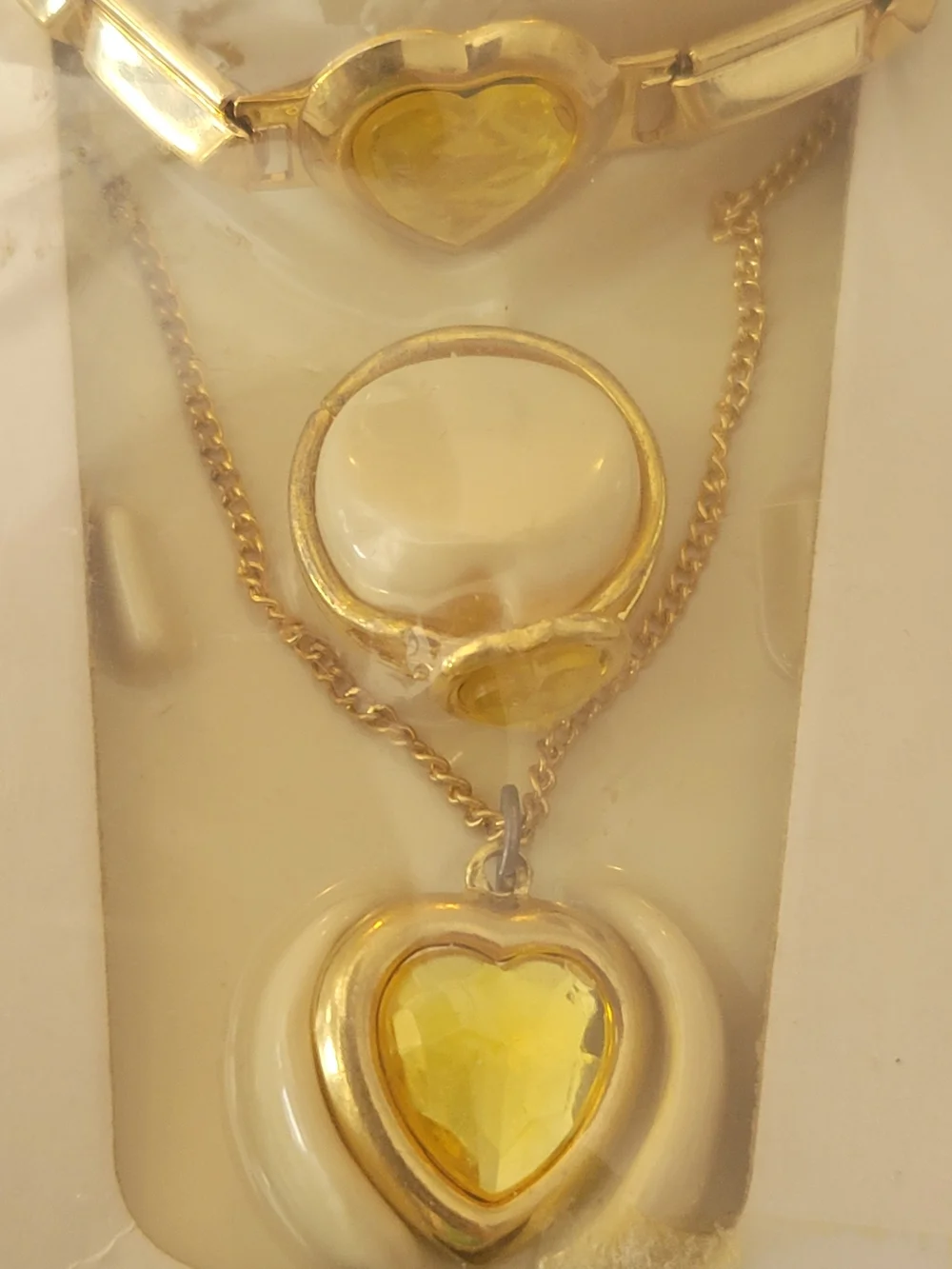 Vintage Gold-Tone Yellow Heart Pendant Necklace and Ring Set